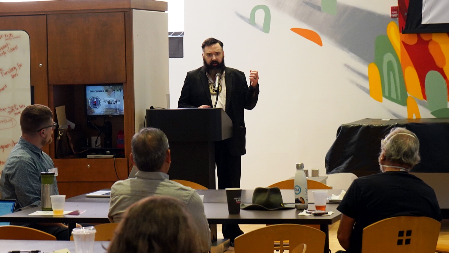 Tuscarora representative Runęhkwáʔčhęʔ Duane Brayboy speaking at the 2026 NC State-Tuscarora Nation meeting